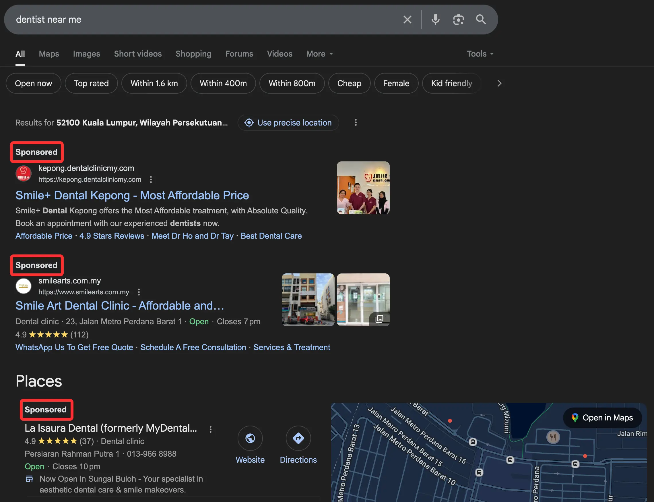Dentist near me Google Ads search result