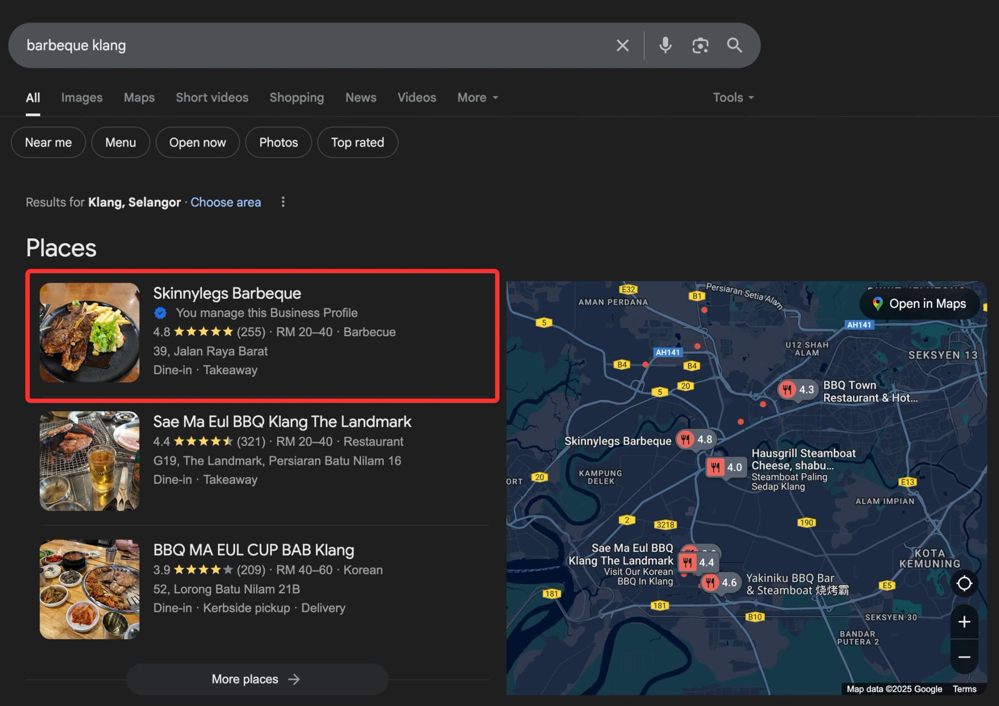 Barbeque Klang Google Business Profile Result