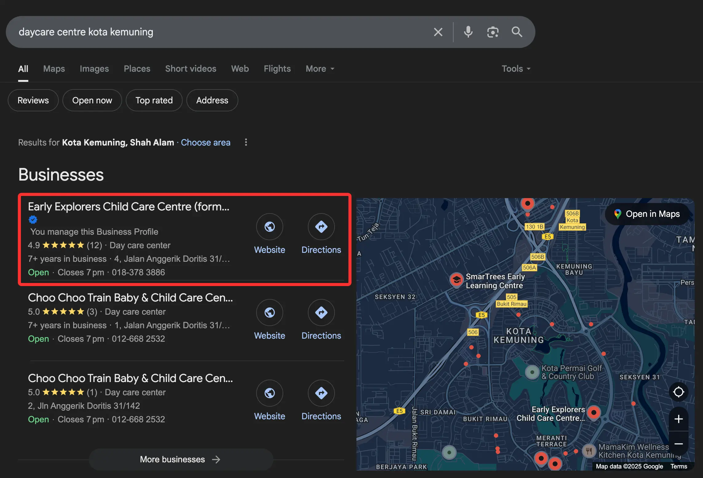 Daycare Centre Kota Kemuning Google Business Profile Result