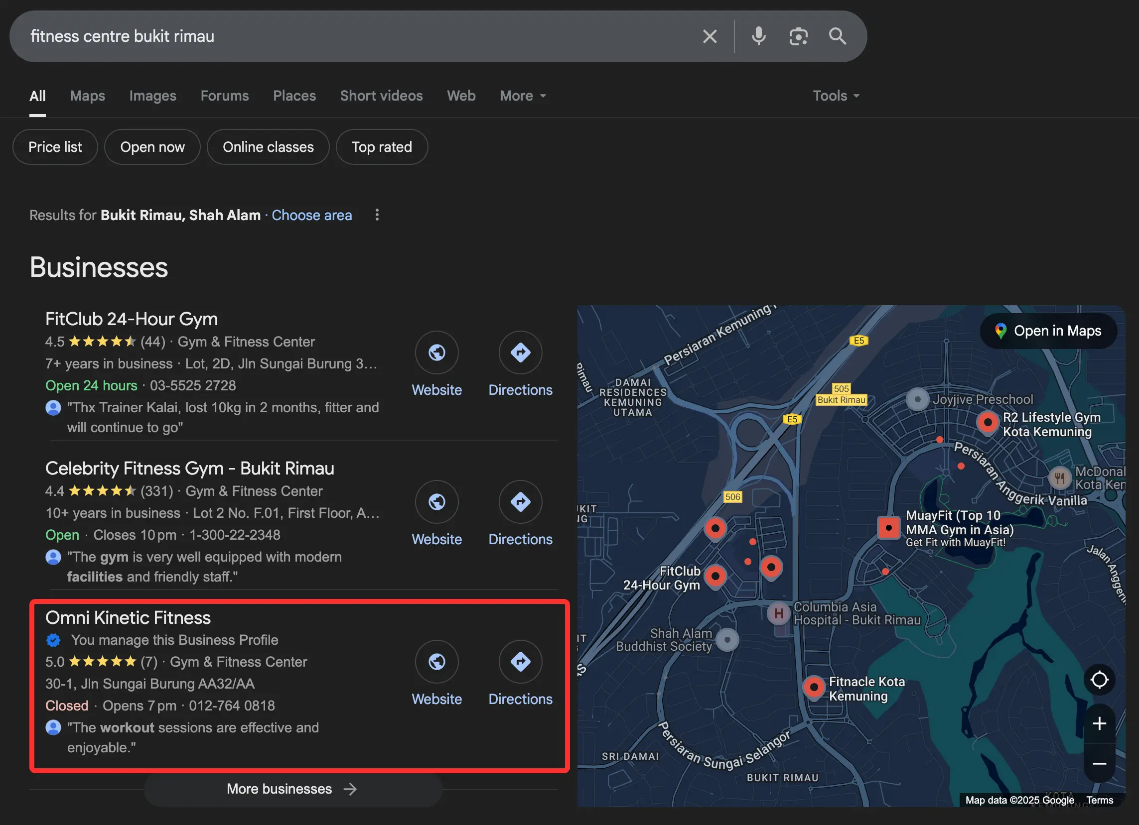 Fitness Centre Kota Kemuning Google Business Profile Result
