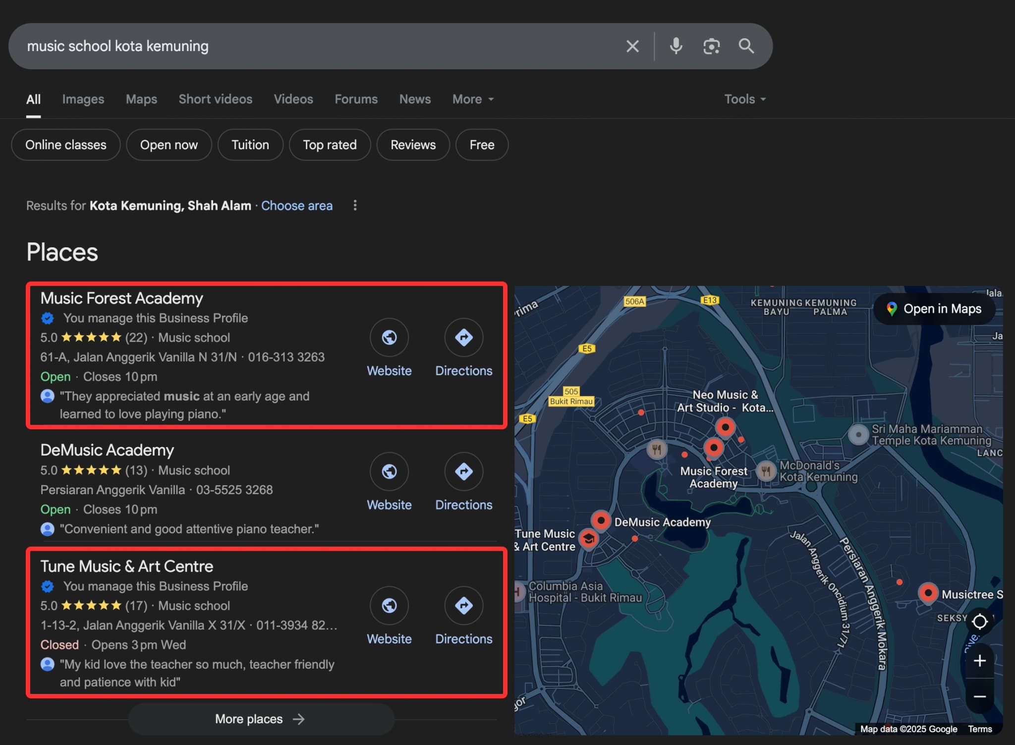 Music School Kota Kemuning Google Business Profile Result