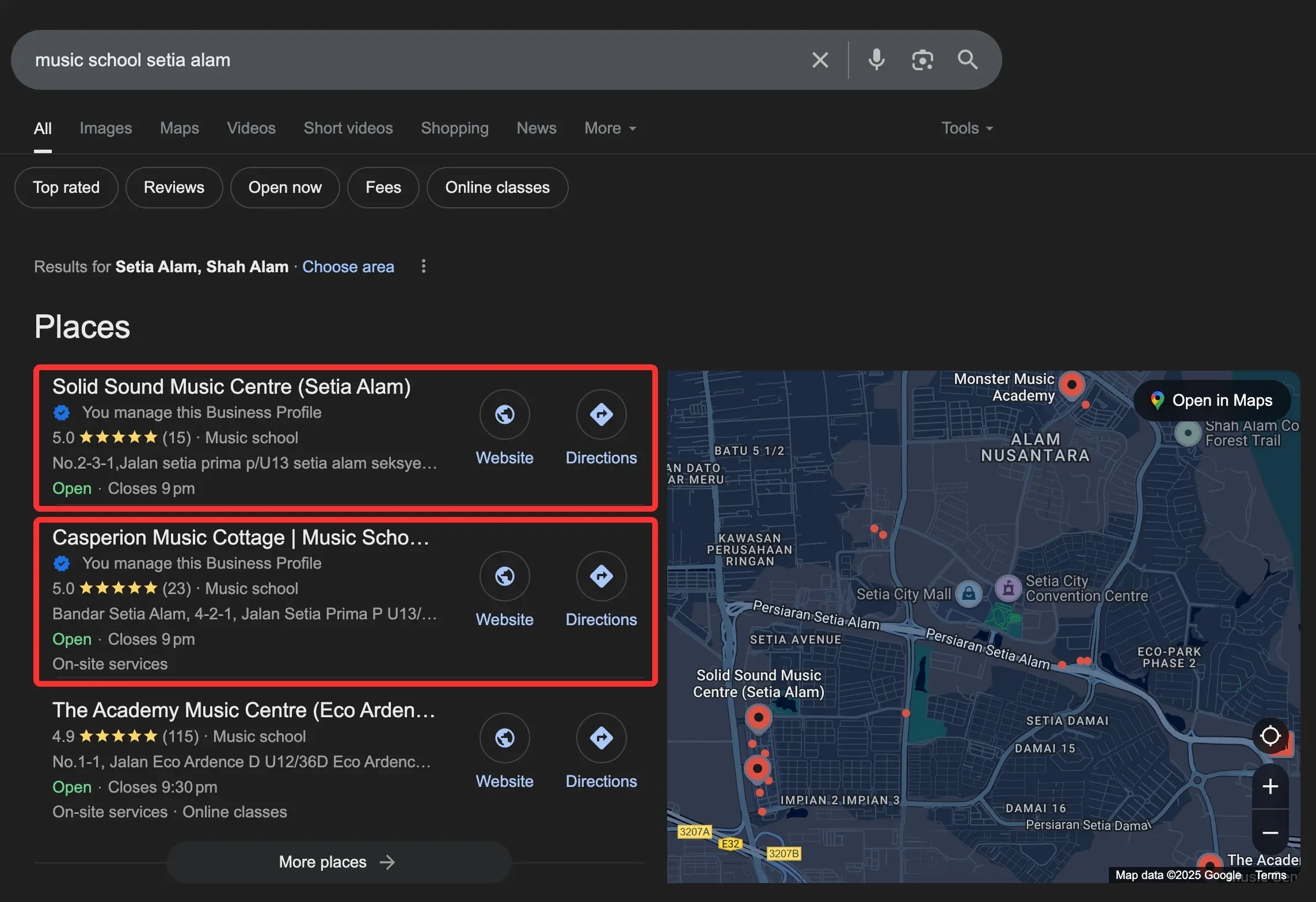 Music School Setia Alam Google Business Profile Result