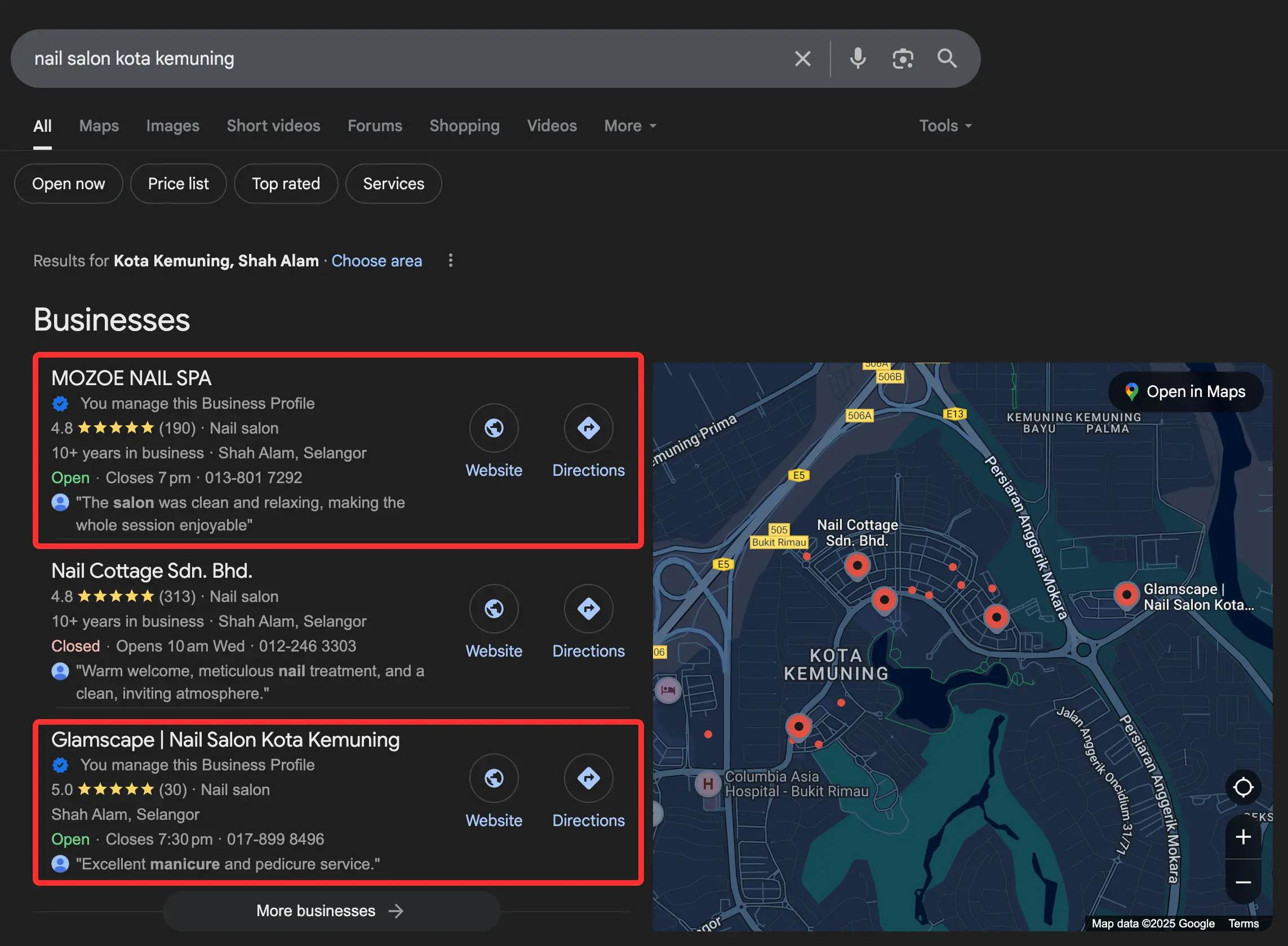 Nail Salon Kota Kemuning Google Business Profile Result