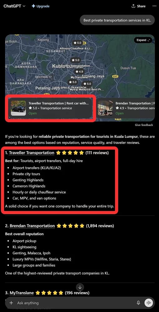Traveller Transportation appearing in ChatGPT results