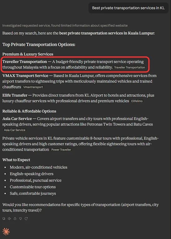 Traveller Transportation appearing in Claude results