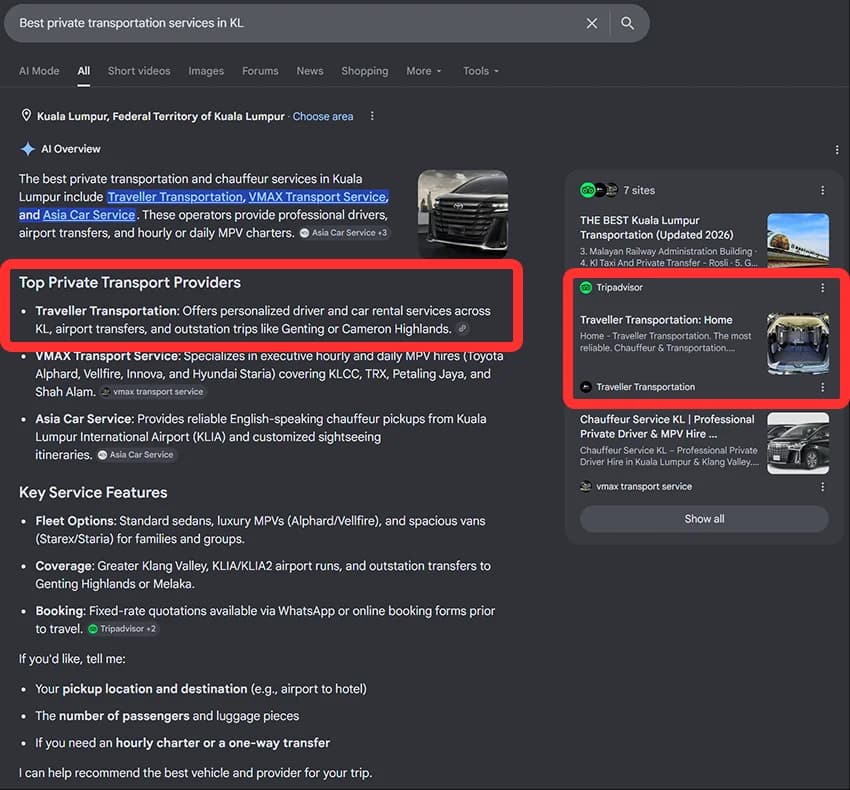 Traveller Transportation appearing in Google AI Overview results