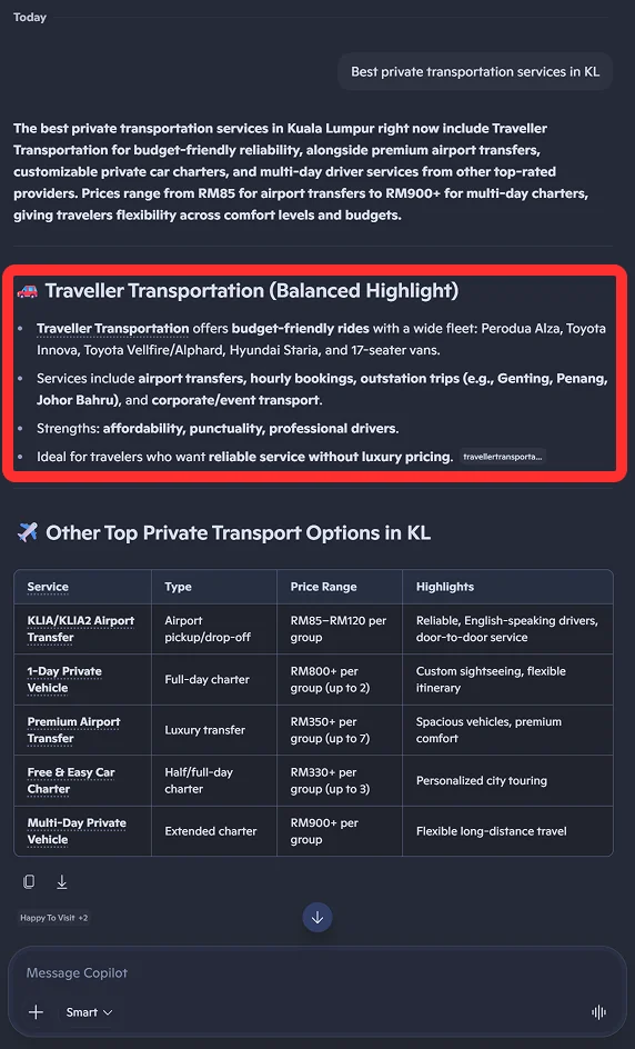 Traveller Transportation appearing in Microsoft Copilot results
